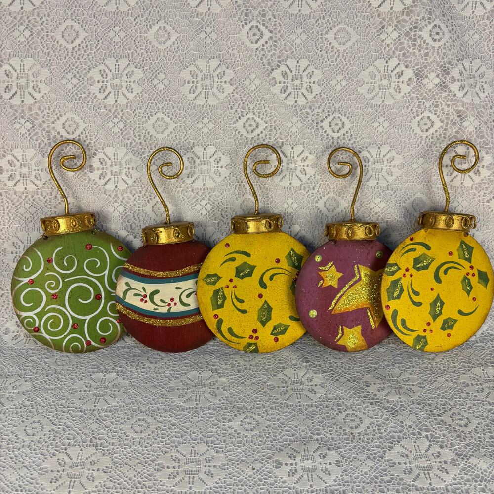 Set of 5 Large Tin Metal Christmas Ornaments Painted Holiday Decor